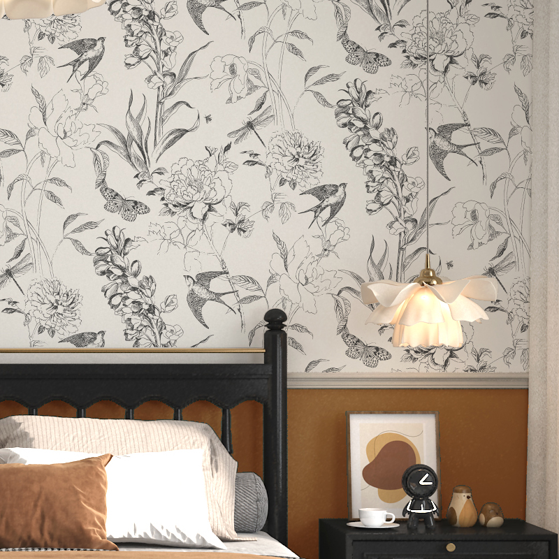 黑白燕子法式壁纸墙纸复古美式壁布墙布高级感卧室床头沙发背景墙