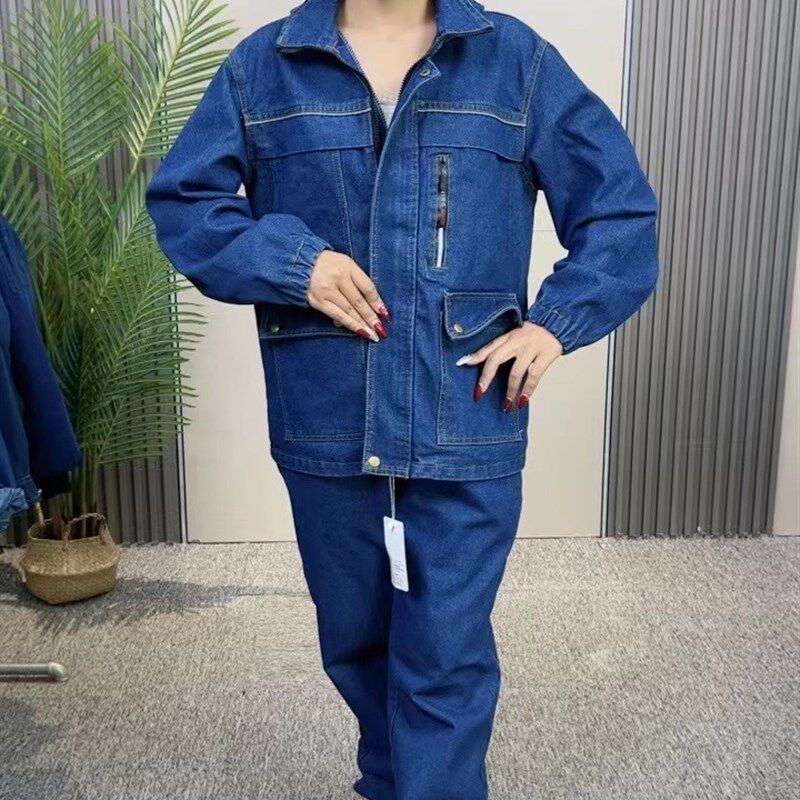 带帽子牛仔工作服套装男女春秋电焊工工厂车间防烫防尘耐磨厚