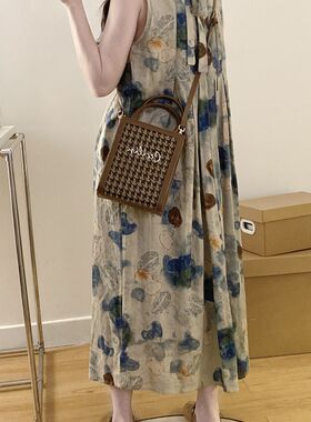 外出哺乳装夏季复古法式水墨画印花背心连衣裙女显瘦喂奶衣辣妈款