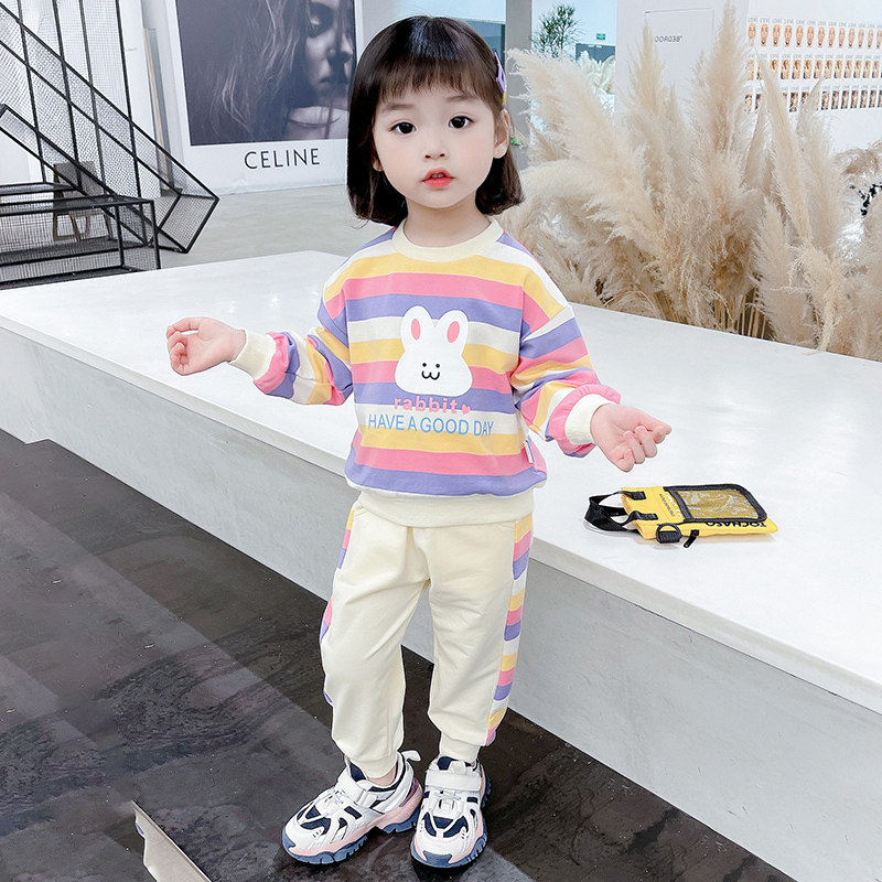 新品女童条纹网红宽松休闲春秋季B套装女宝宝韩版秋装时髦卫衣两