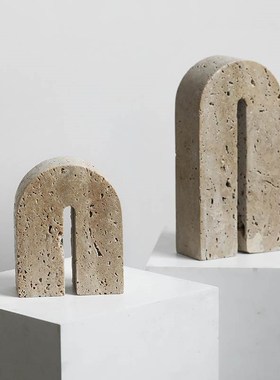 北欧风黄洞石家居摆件中古 大理石书挡书立创意桌面办公室装饰品