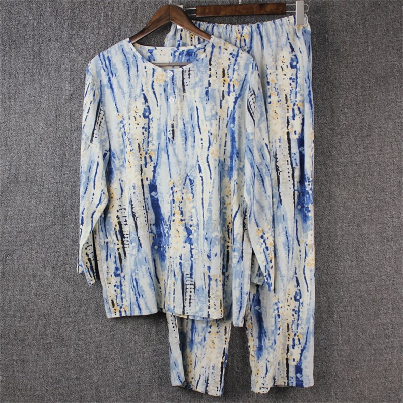 夏季超薄棉绸睡衣/人造棉家居服套装/男士绵绸空U调衣/长袖长裤