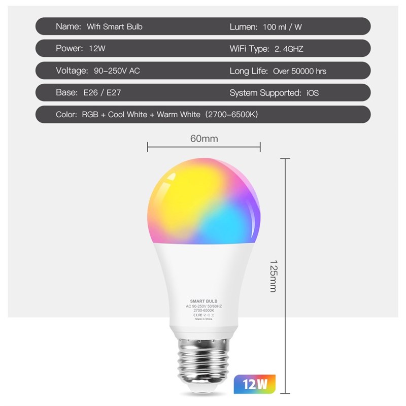 Wifi Smart LED Bulb 12W E27 RGB CW Color Changing Light Dim