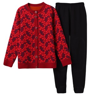 奶奶保暖内衣套装女新品纽扣开衫宽松大码妈妈装加绒加厚冬季