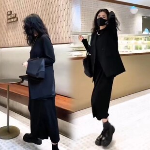 早春大码休闲套装女韩版宽松直筒中长款长袖连衣裙西装马甲两件套
