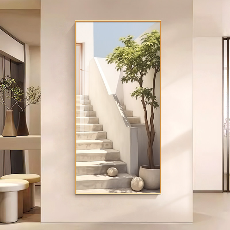 空间感入户玄关装饰画抽象建筑绿植现代简约走廊过道壁画楼梯挂画