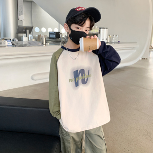 男童春装长袖拼色T恤2023新款大儿童春J秋打底衫宽松薄款洋气时髦