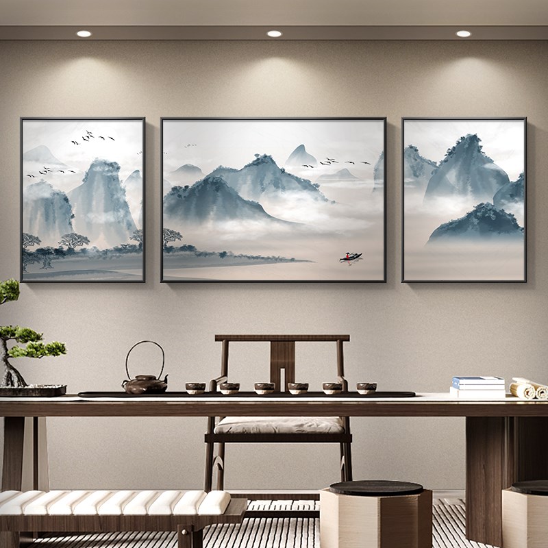 新中式客厅装饰画水墨禅意山水风景画F沙发背景墙挂画家庭三联壁图片