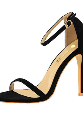 2021新款网红黑色细跟一字扣带凉鞋C女温柔鞋仙女风高跟鞋12cm百