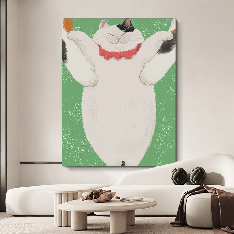 抽象小白猫儿童房装饰壁画简约玄关手绘油画客厅卡通小众艺术挂画图片