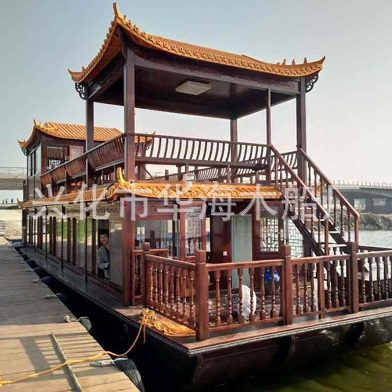 仿古木船画舫船 双层旅游电动船 景区房船公园观光船水上餐厅木船