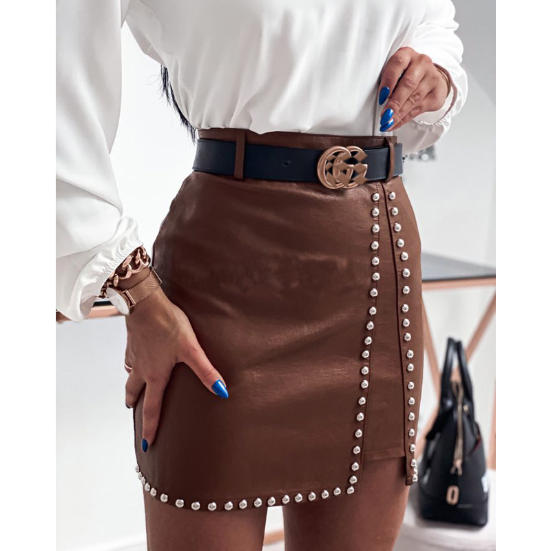 推荐Elegant Fashion Rivets PU Leather Skirts Women Mini Penc