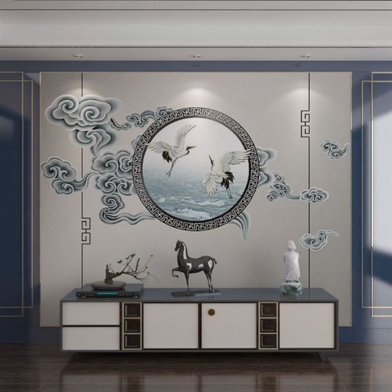 新中式电视墙纸酒店茶室祥云仙鹤定制壁画客厅卧室沙发背景墙壁纸,家装主材,定制壁画,淘宝优惠券,粉丝福利购,淘宝优惠卷