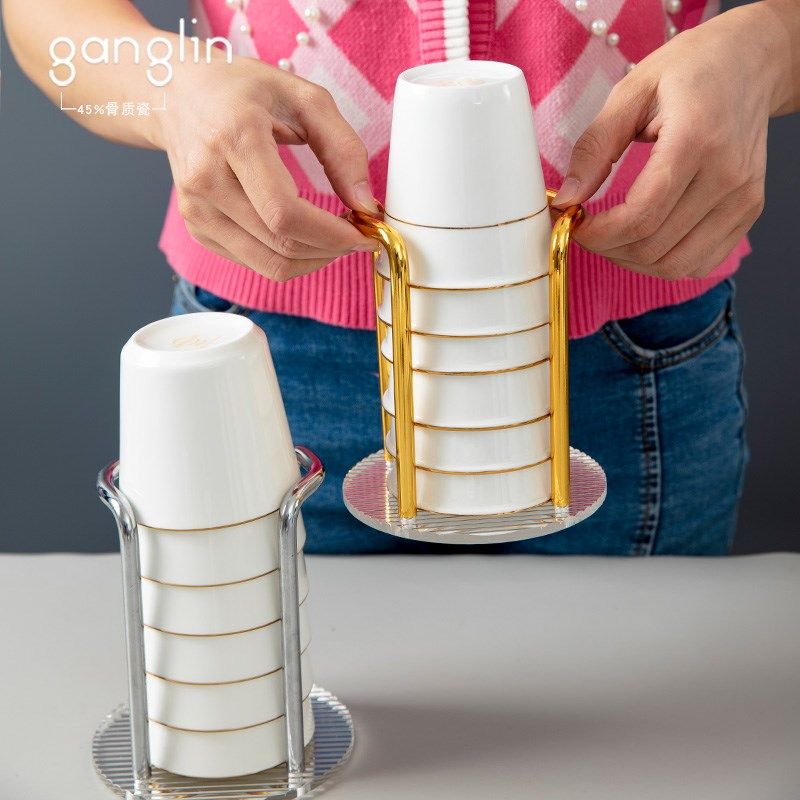 耐高温骨瓷杯子套装家用家庭客厅待客泡茶杯陶瓷水杯喝水杯子带架