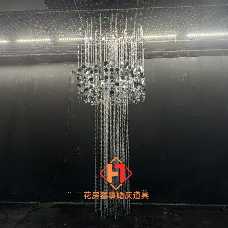新款亚克力水晶珠帘银色亮片挂件婚庆酒店宴会厅圆形铁艺吊顶珠链