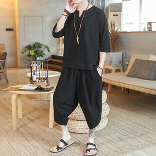 睡衣男款夏季薄款中国风套装古风汉服宽松大码中式棉麻唐装家居服