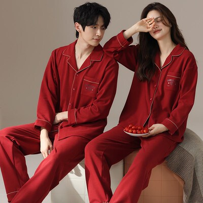 睡衣结婚新婚情侣套装冬季德绒春秋款吉祥红色睡衣情侣装一男一女