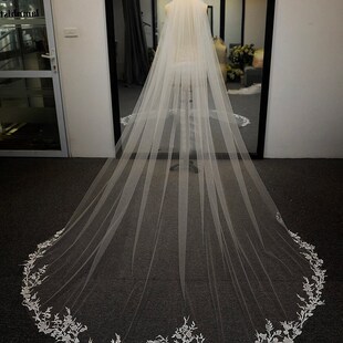 新娘结婚拖地长蕾丝头纱定制韩式简约蕾丝花边头饰