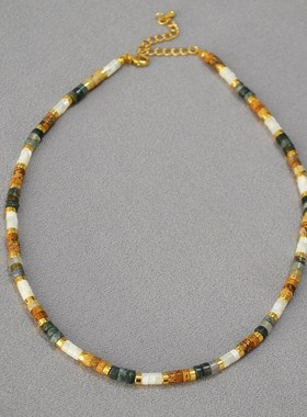 欧美小众文艺f复古真石母贝拼接美拉德彩色个性气质优雅项链锁骨