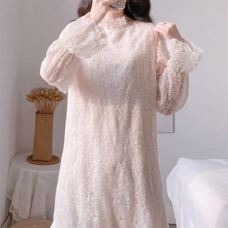 女装秋季温柔垂感l仙女内搭气质蕾丝连衣裙中长款加厚打底长袖裙