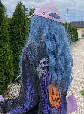 Long Blue Synthetic Hair Wigs Natural Wavy High Temperature