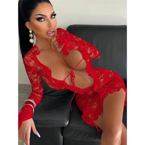 Deep V-neck Dresses Women Bodycon Party Sexy Lace Dress