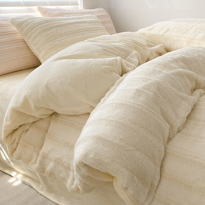 简约兔兔牛e奶绒四件套高级感冬季珊瑚绒床单双面绒被套床上三件