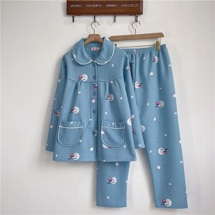 妈妈睡衣女士秋冬季空气棉夹层棉睡衣中老年棉质宽松款家居服套装