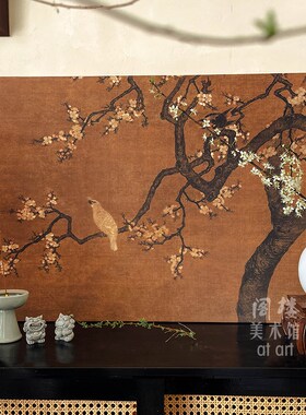 【绢丝】杏花双雉图中式中古艺术装饰画日式书房茶楼酒店民宿背景