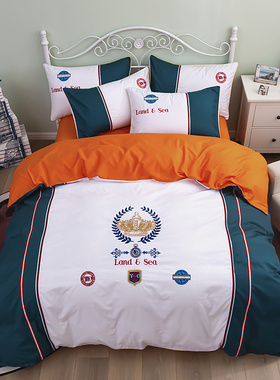 儿童四件套纯棉男孩蓝色英伦风全棉床上用品1.M5床笠款1.2床三件