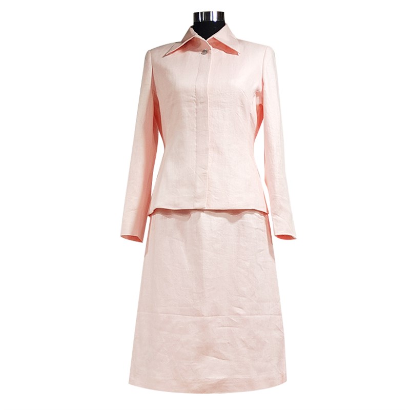 春秋季款女纯亚麻西装外套连衣裙套装两件套正装纯色修身显瘦西服