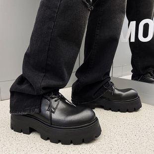 增高跟皮鞋子男圆头厚底松糕底时尚黑色低帮单鞋高级感个性发型师