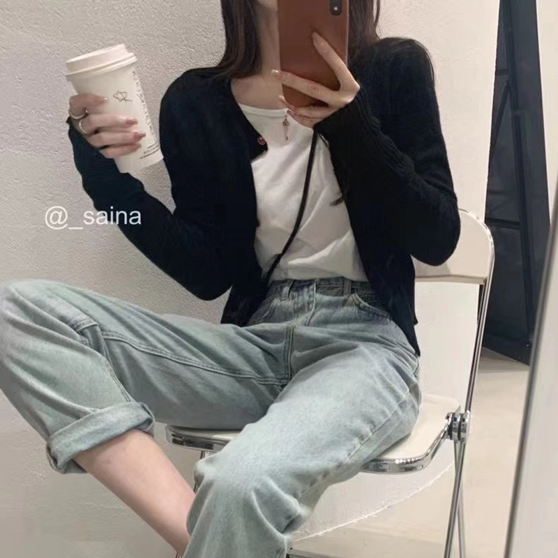 2023春秋冬百搭橘色毛衣外套女长袖马海毛针织衫上Y衣短款开衫