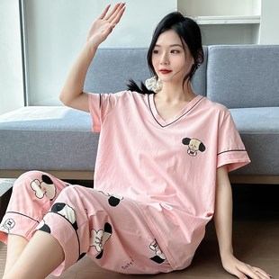 睡衣夏季 七分裤 大码 胖mm全棉短袖 女款 200斤纯棉宽松V领家居服薄款