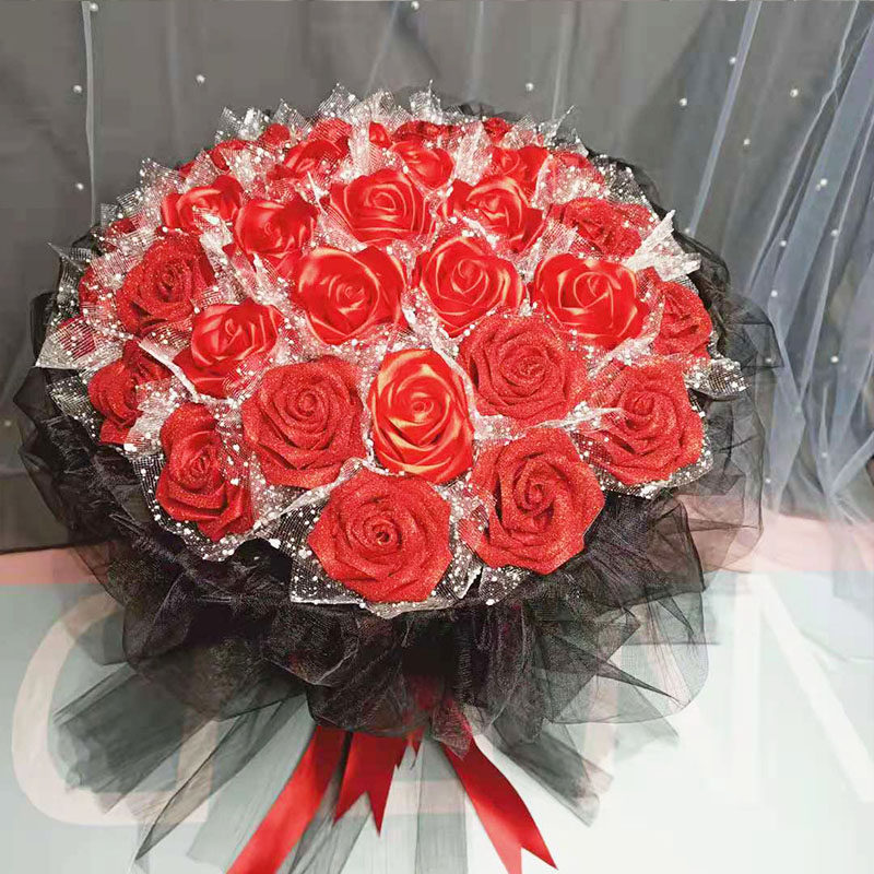 蓝色妖姬手工材料包diy自制玫瑰花缎带丝带花束q包装七夕花 仿真