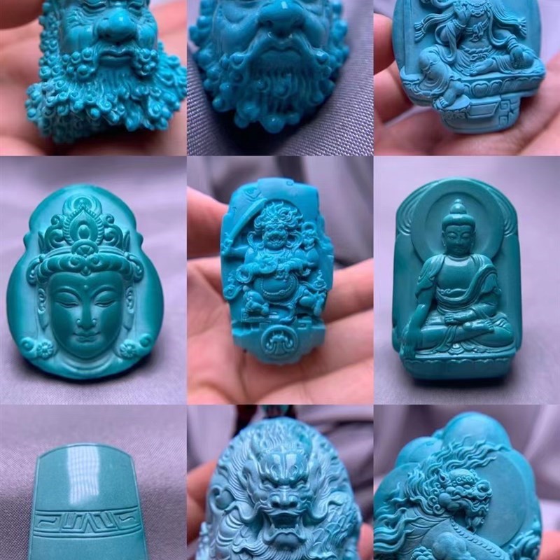 湖北十堰天然原h矿绿松石配饰配珠高瓷蓝圆珠老型手工雕件吊坠定