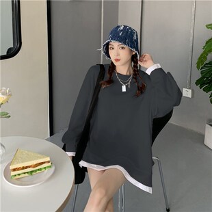 中长版遮屁股卫衣女大尺码胖mm200斤宽松显瘦假两件下衣失踪长袖