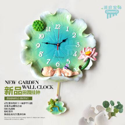 直销荷叶钟表可爱创意荷花挂钟客厅田园卧室卡通时V尚儿童房挂表