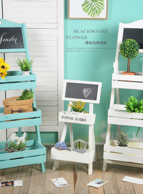 美式复古创意风车花架摆件家居阳台D软装饰品木质置物架奶咖店支