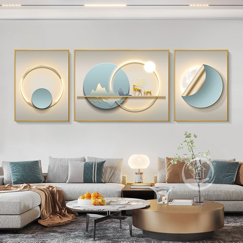 轻奢风几何抽象三联壁画鹿现代客厅装饰画简约沙发背景墙挂画图片