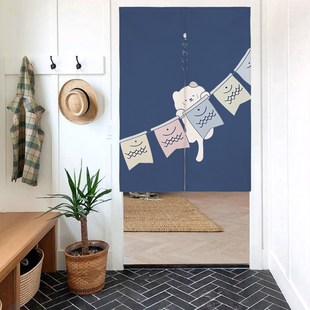 日系家用卡通可爱猫咪布艺门帘卫生间半帘卧室厨房隔断帘免打孔