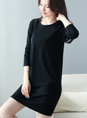 黑色长袖子洋装卫衣裙女秋季2z023年显瘦中长版T恤裙通勤小个子