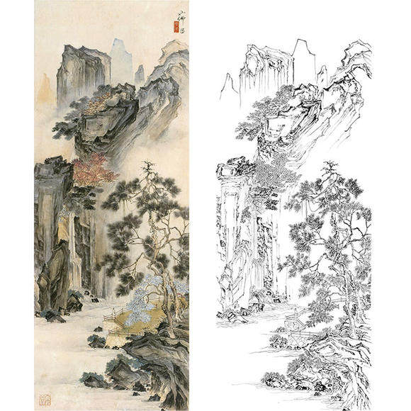工笔画白描底稿胡也佛竖幅山水实物白纸勾线打印稿尺寸可选-HY55