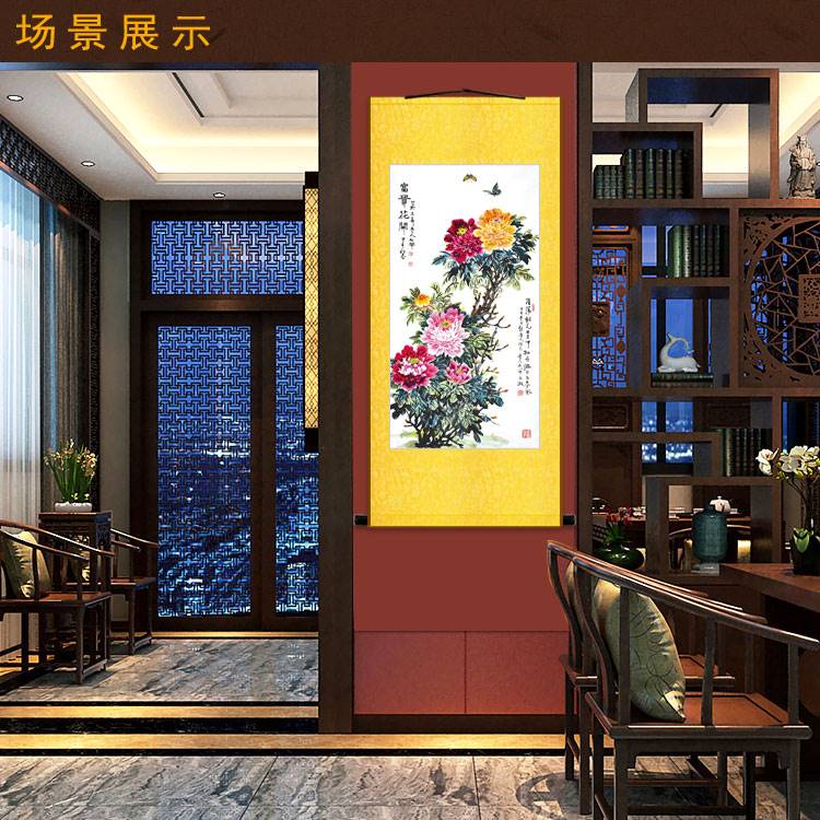 推荐花开贵图 蝴蝶牡丹富花鸟画 书房玄关装饰画卷轴挂画国画来图图片