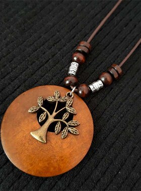 现货Vintage Woodenn Owl Leaf Pendant Necklaces Boho Ethnic S