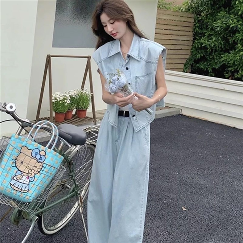 时尚小个子休闲马甲阔腿裤两件套港风无袖J牛仔套装女2025夏装新