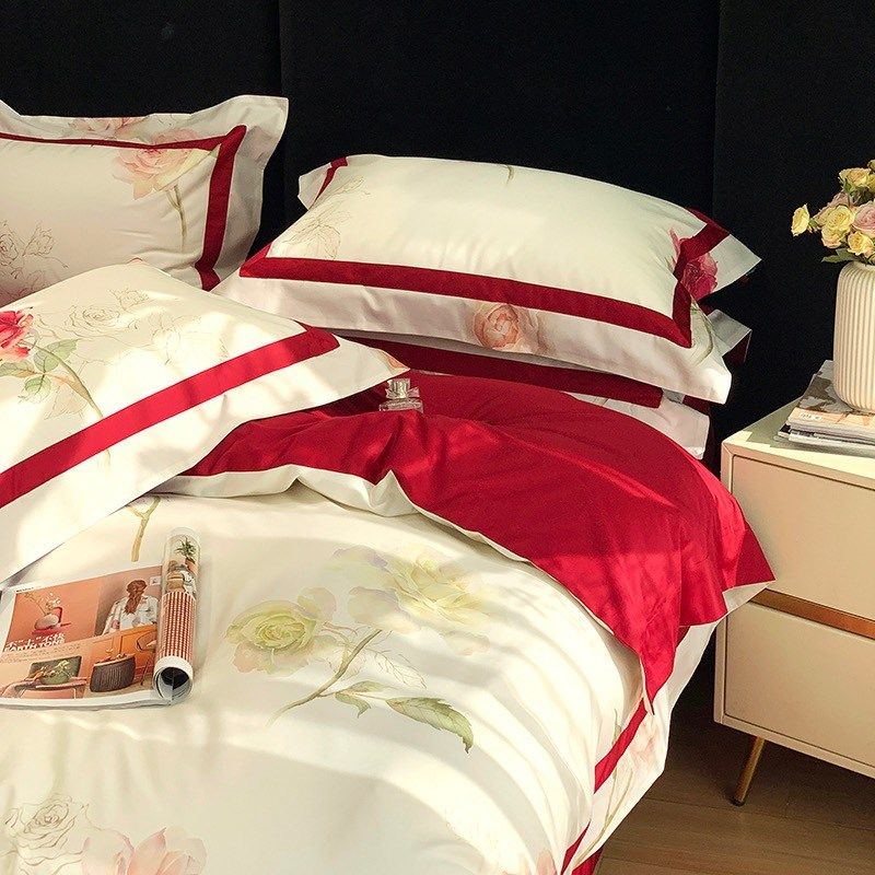 玫瑰红色结婚庆四件套120支全棉被套床单婚房床上用品4件套,床上用品,婚庆床品套件,淘宝优惠券,粉丝福利购,淘宝优惠卷