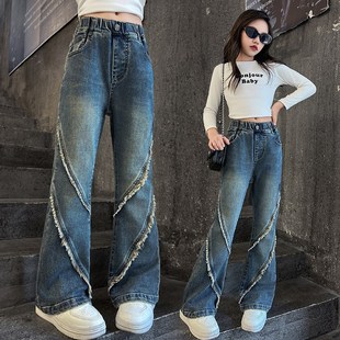 网红炸街毛边儿童长裤 女大童喇叭裤 潮 2024新款 女童时髦洋气牛仔裤