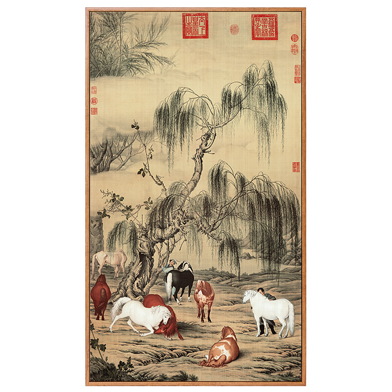郎世宁八骏图挂画马到成功新中式装饰画玄关马画骏马走廊竖版壁画图片