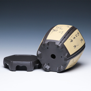 宜兴紫砂花盆精品陶瓷手工室内高档六角兰花专用盆透气客厅带底座